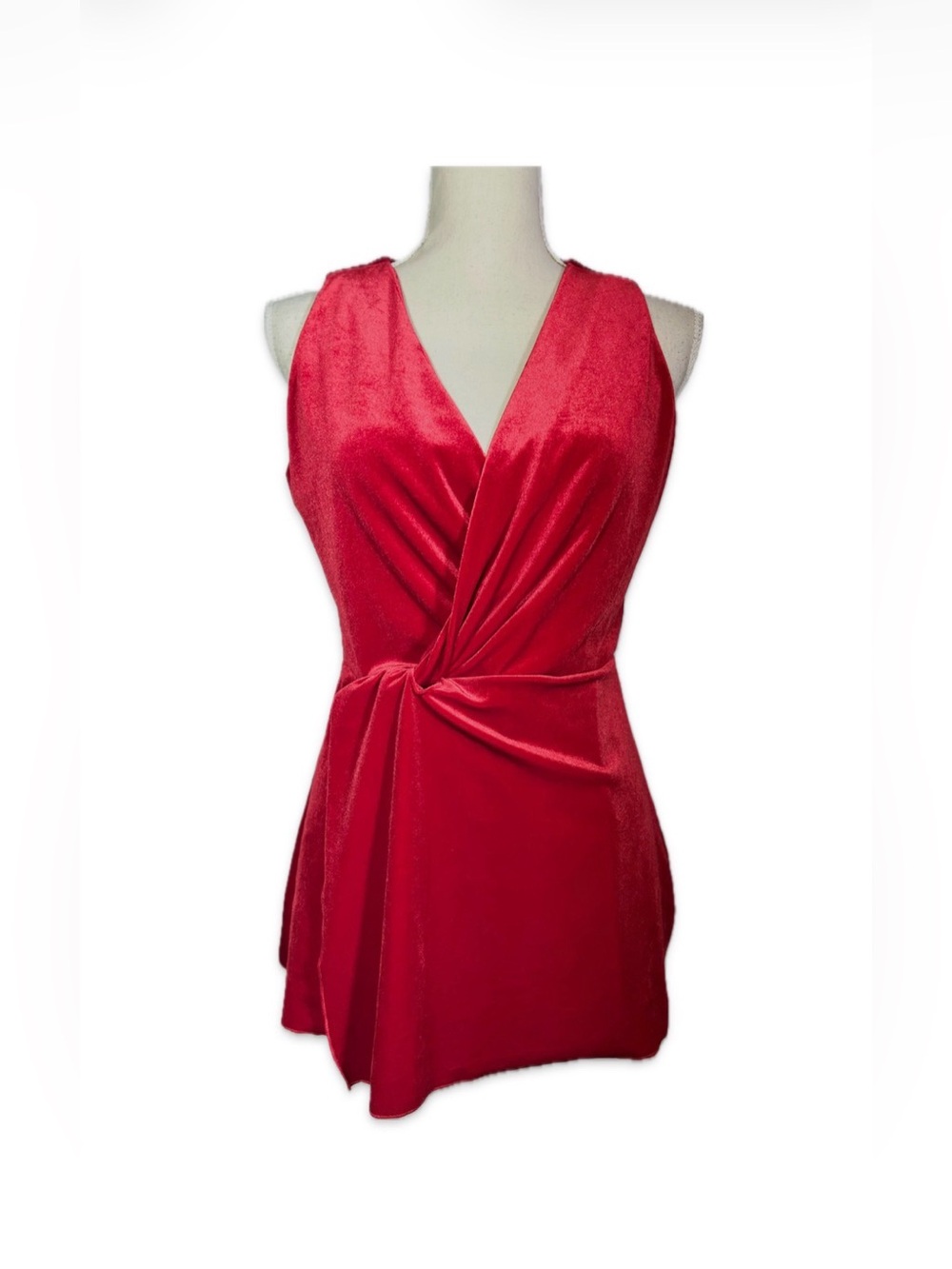 Halston Red Velvet Faux Wrap V-Neck Sleeveless Top Size XS Twist Detail at Waist
